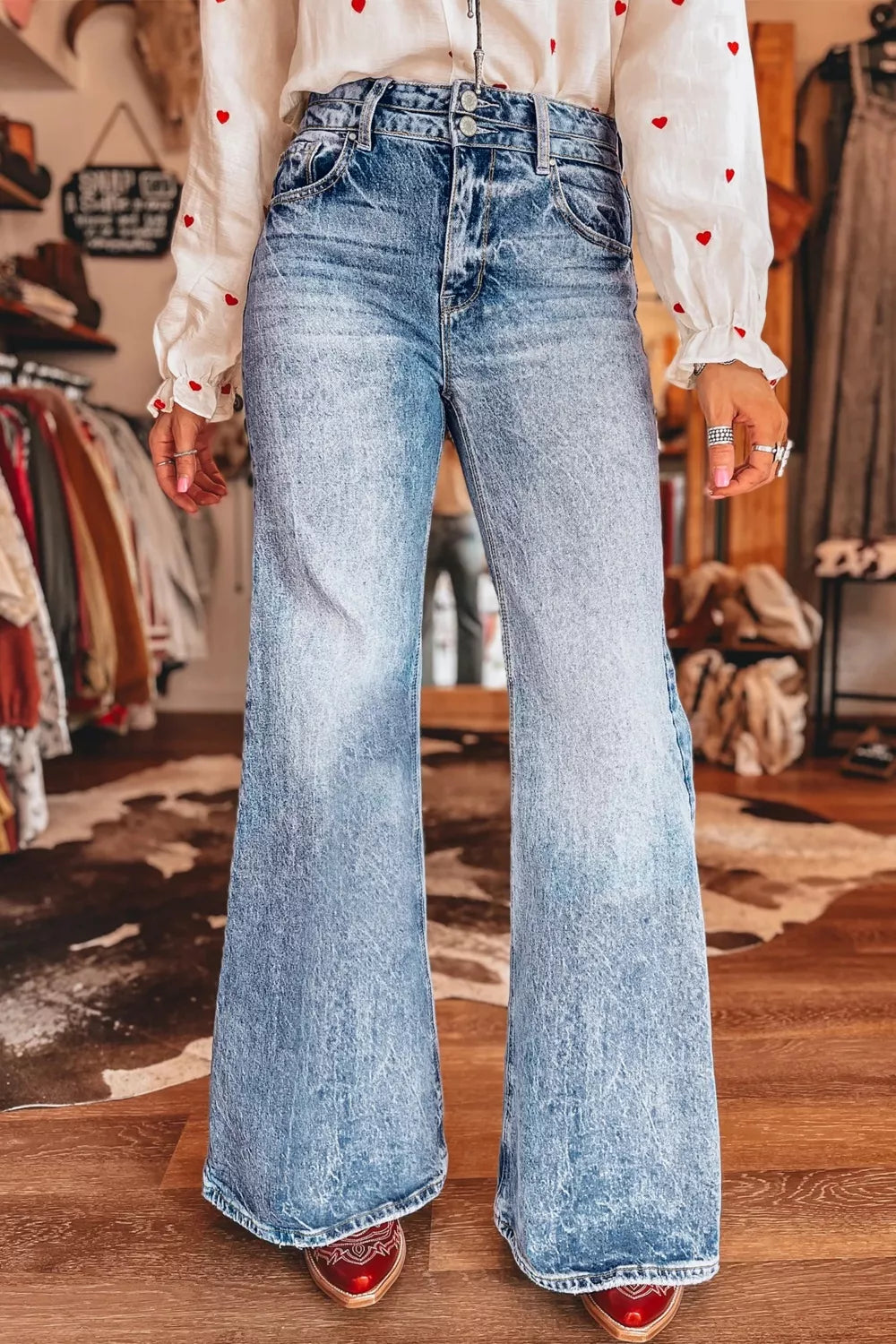 Acid Wash Pocket Detail Flare Jeans