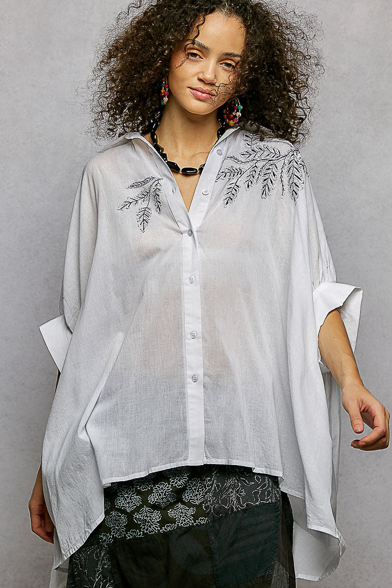 POL Button Down Embroidered Floral High-Low Hem Shirt