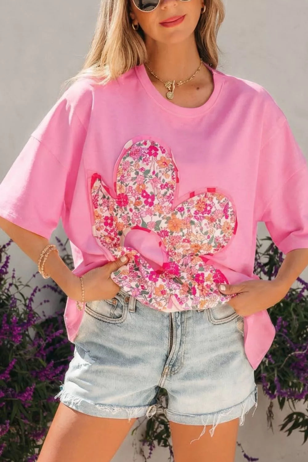 Flower Patched Round Neck Tunic T-Shirt