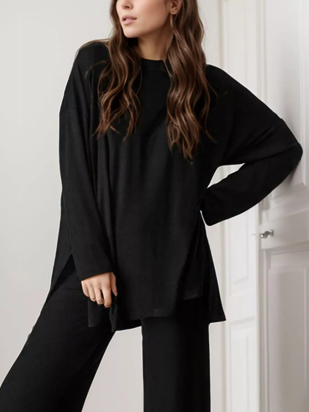 Casual Loose Long Sleeve Top and Wide Leg Pants Set