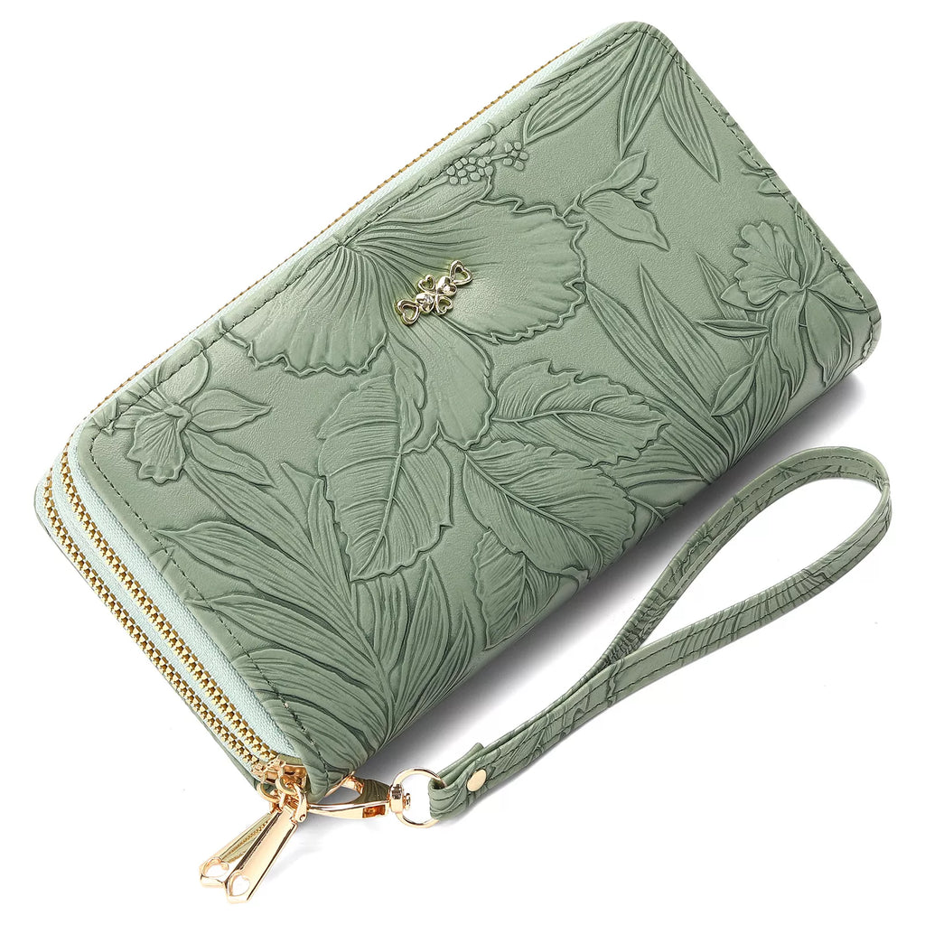Embossed Floral Pattern Double Zipper Wallet