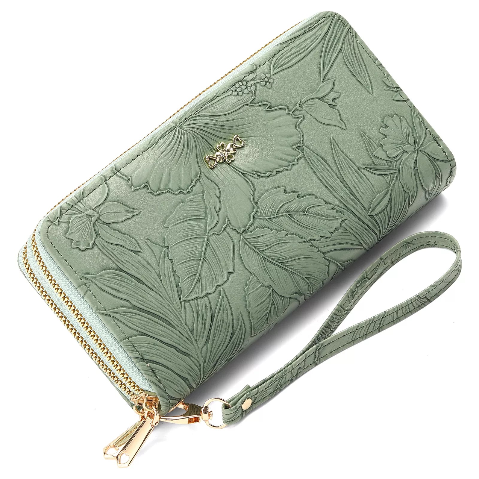 Embossed Floral Pattern Double Zipper Wallet