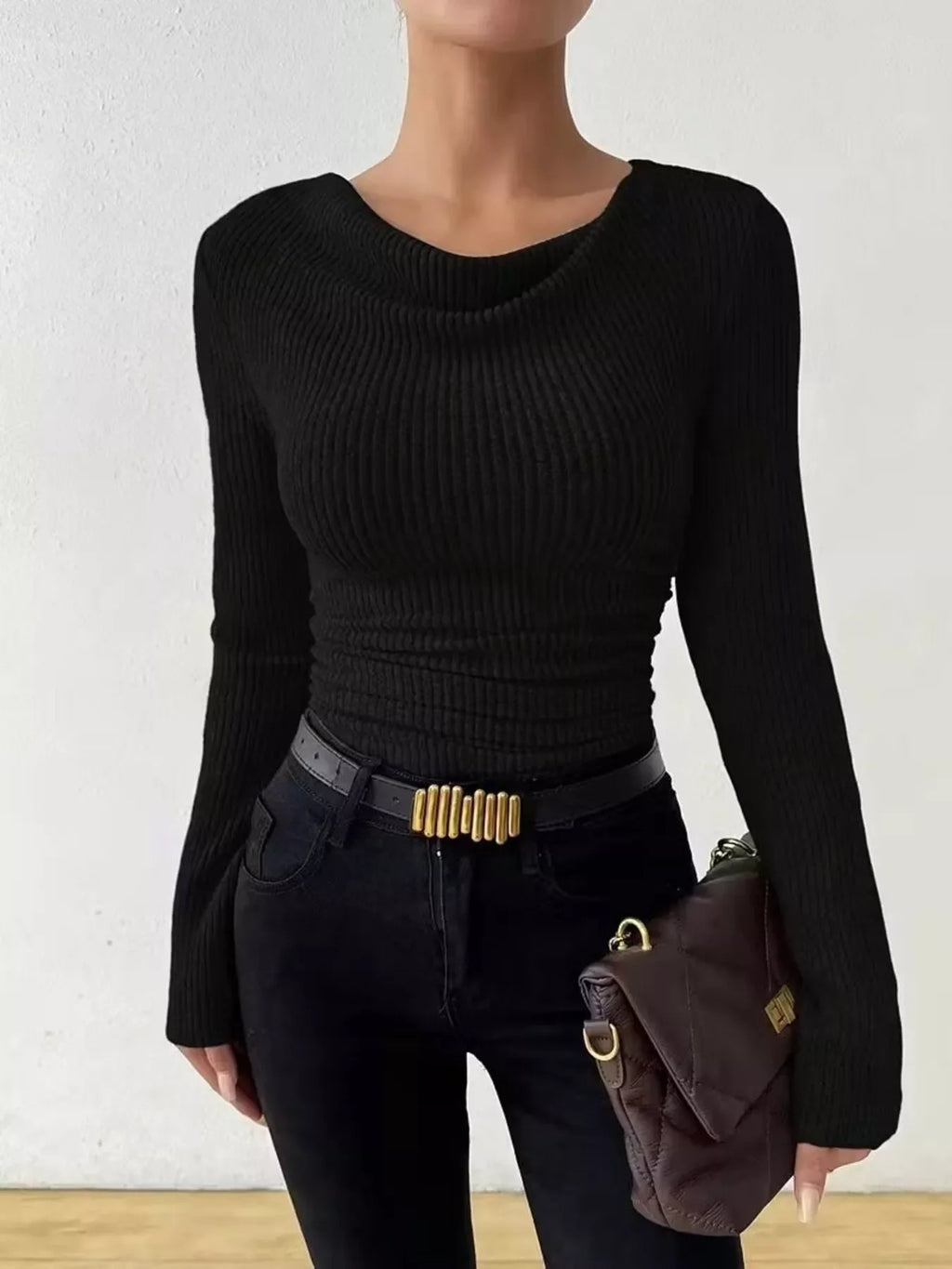 Cowl Neck Ribbed Knit Top