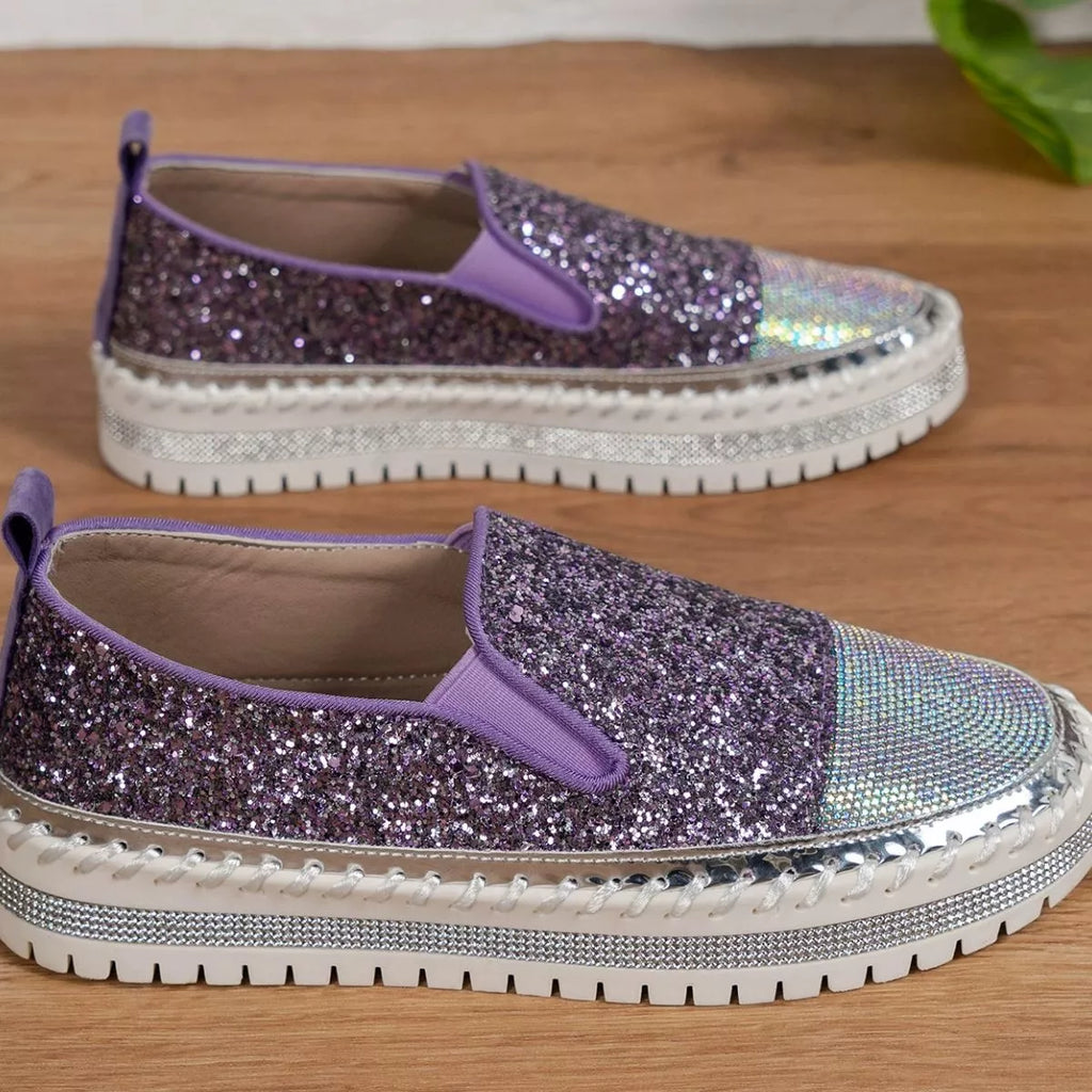 Rhinestone Sequin Round Toe Platform Loafers