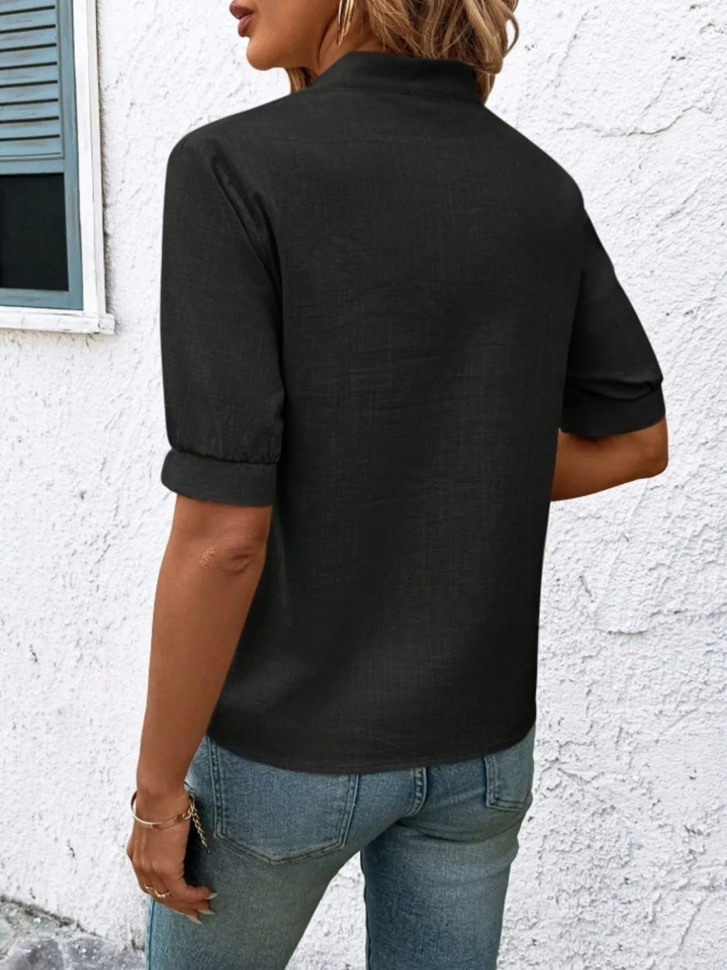 Embroidered Notched Short Sleeve Blouse
