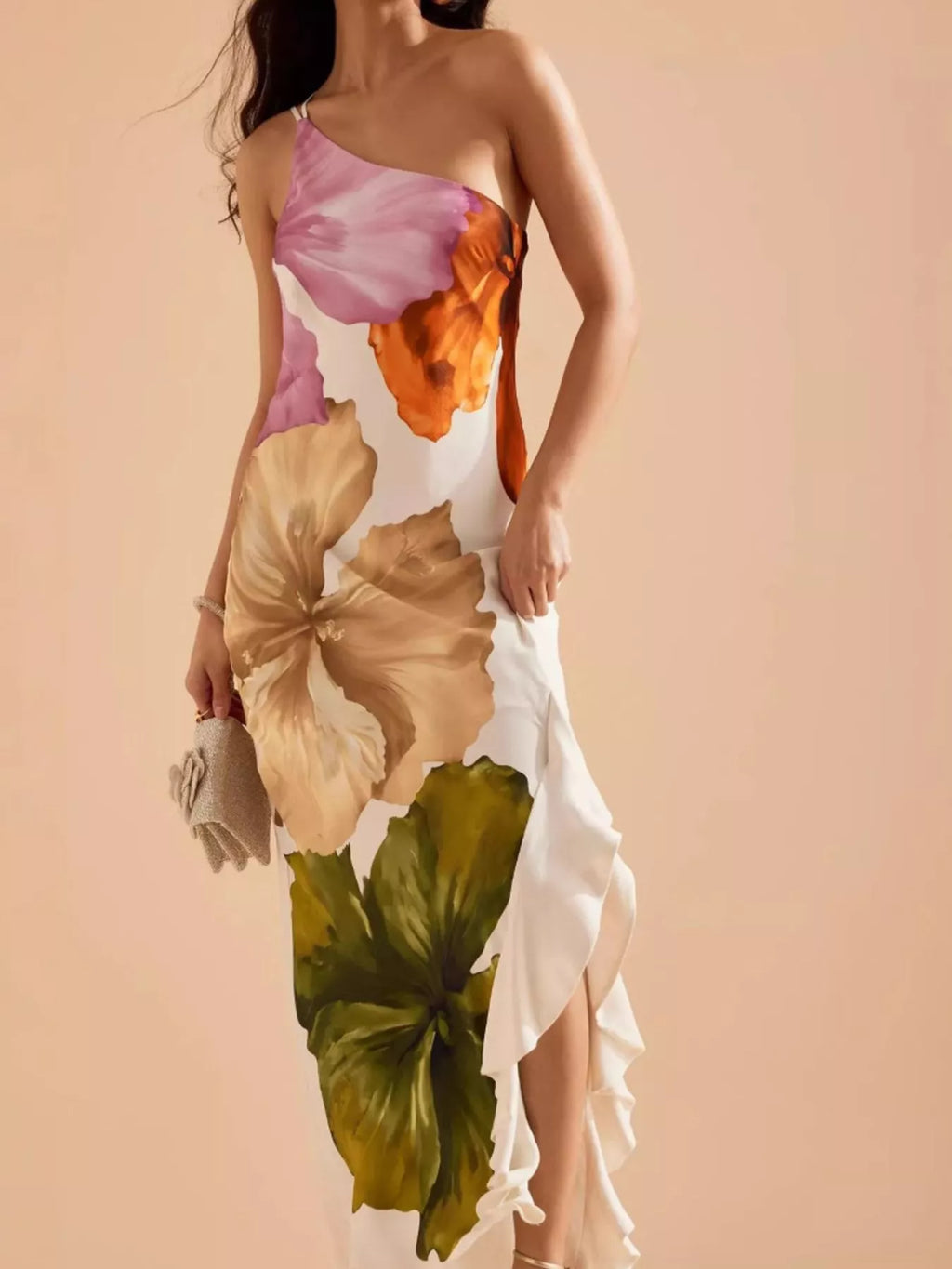 Floral Print One-Shoulder Ruffle Hem Maxi Dress
