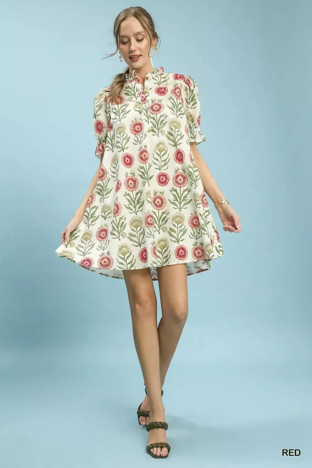 Umgee Floral Puff Sleeve Babydoll Dress with Side Pockets