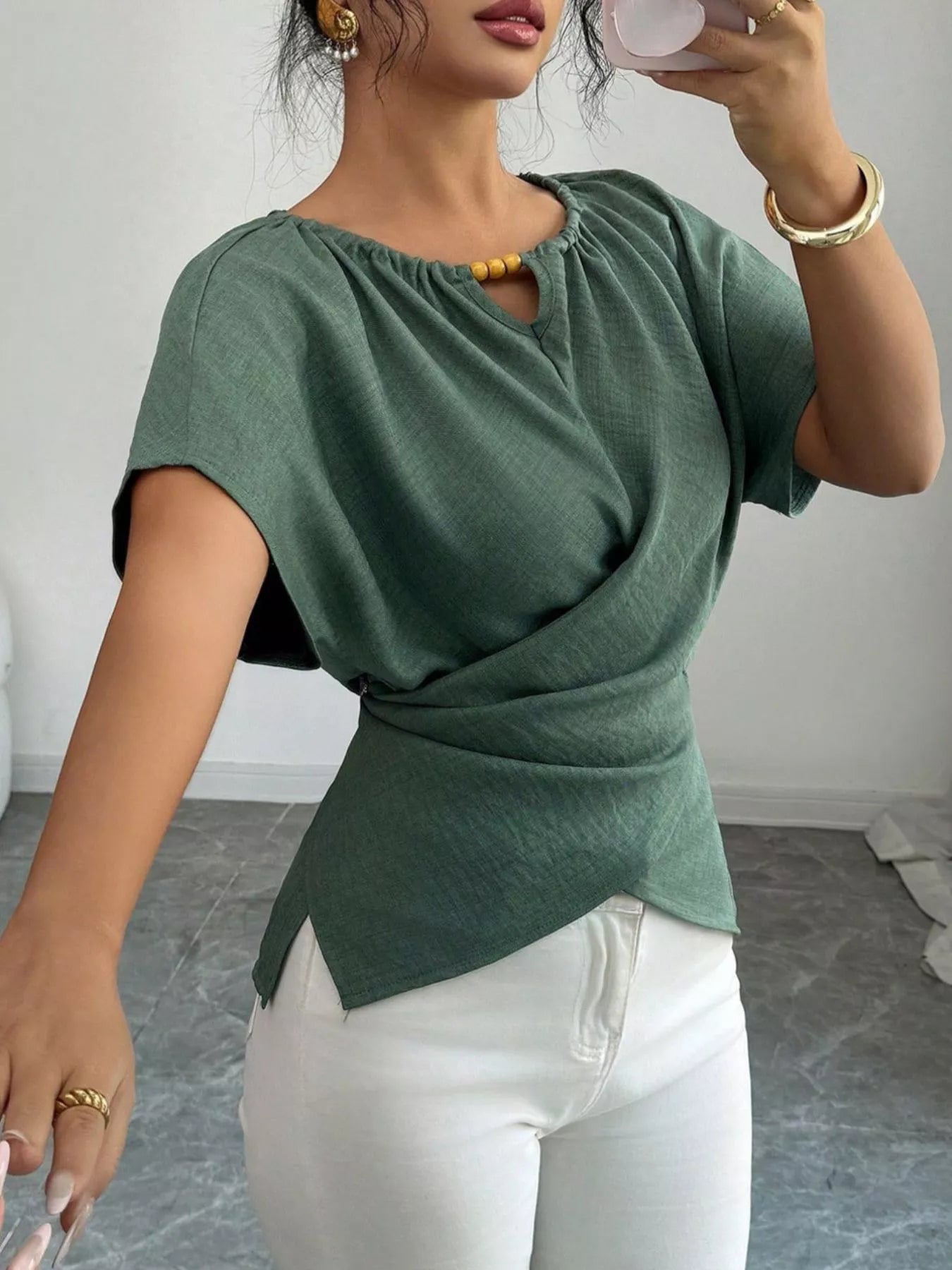 Beaded Neckline Short Sleeve Blouse