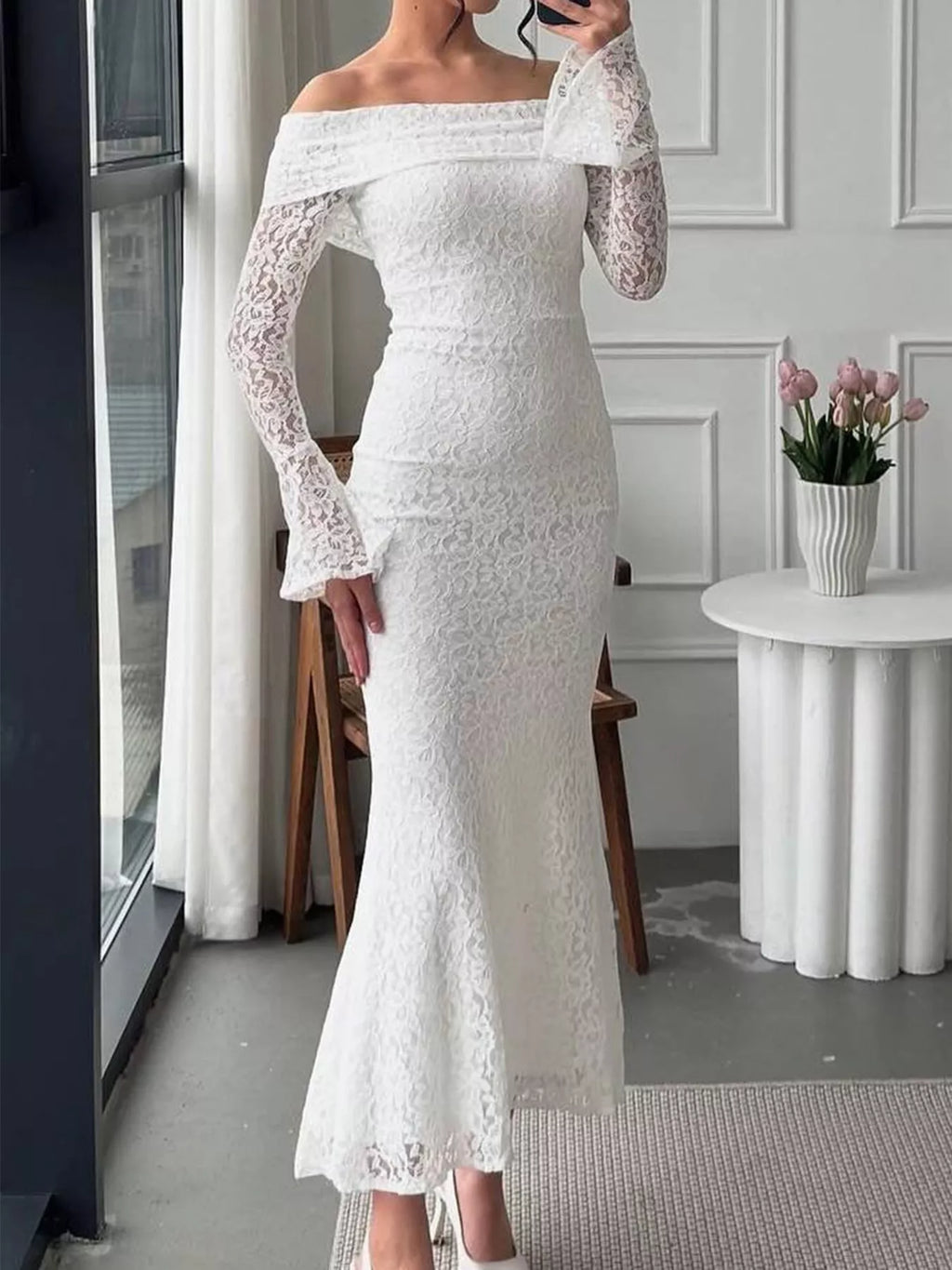 Off-Shoulder Lace Bodycon Maxi Dress