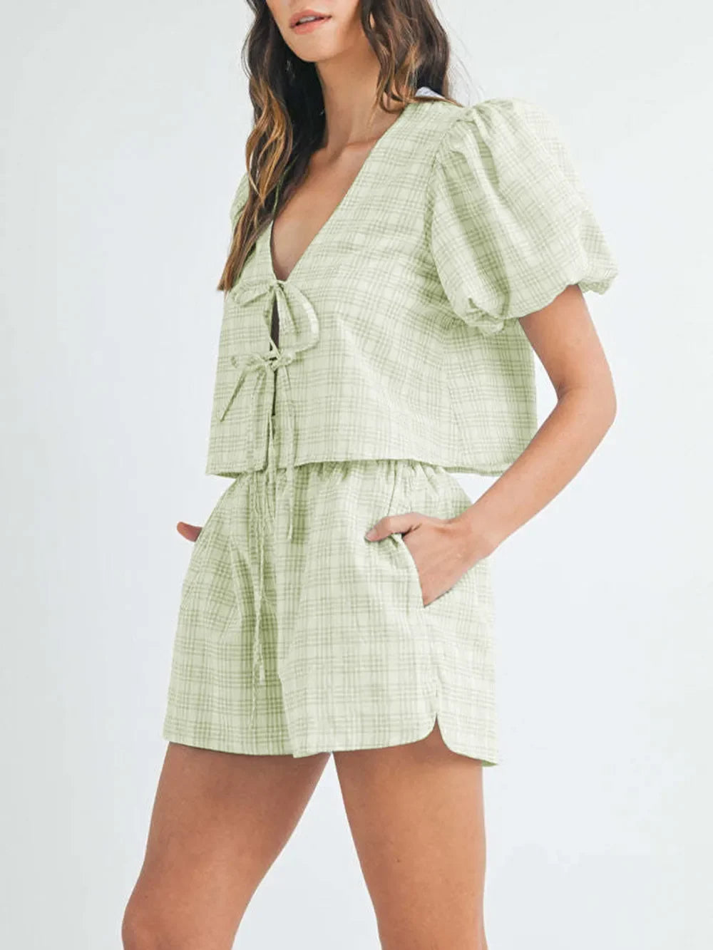 V-Neck Puff Sleeve Top and Shorts Set