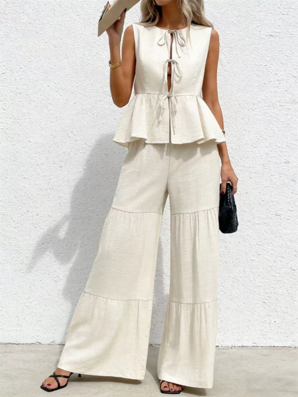 Sleeveless Tie-Front Top and Wide Leg Pants Set