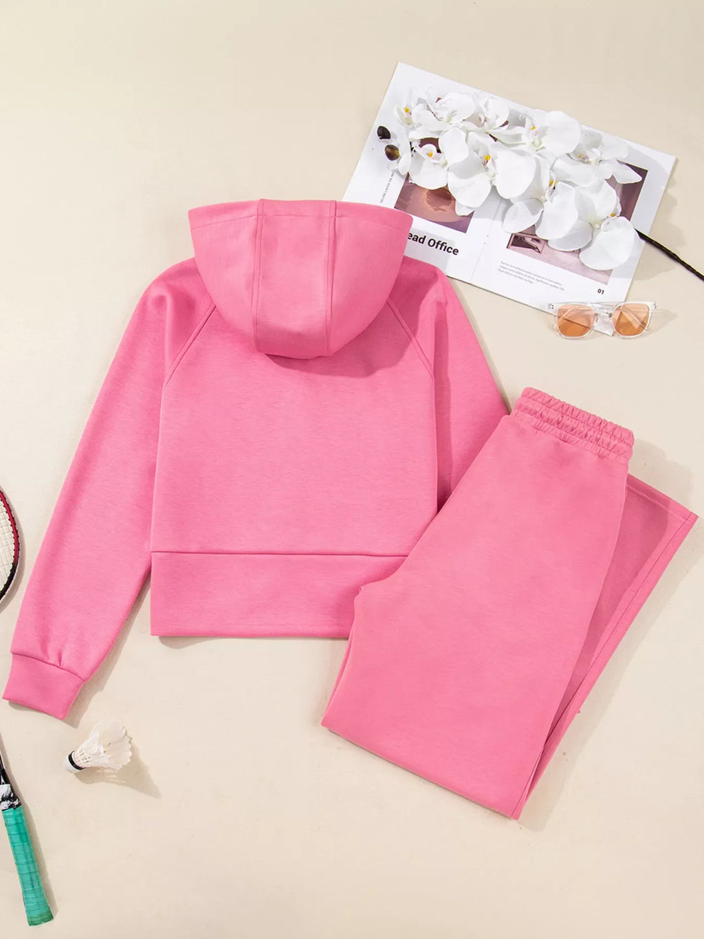 Solid Color Zip Up Hoodie Drawstring Loose Pants Set