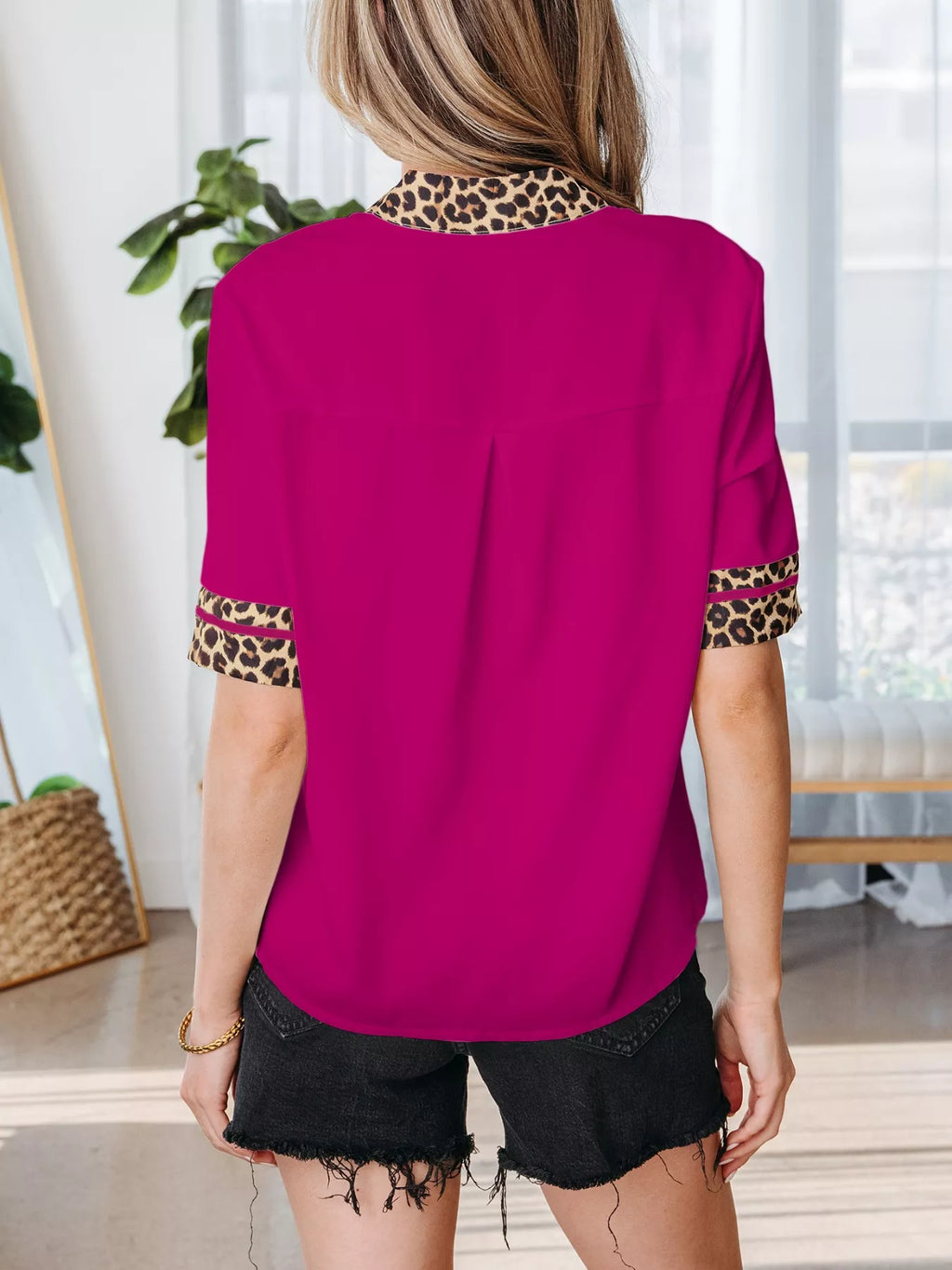 Leopard Patchwork Trim Split Neck Short Sleeve Blouse