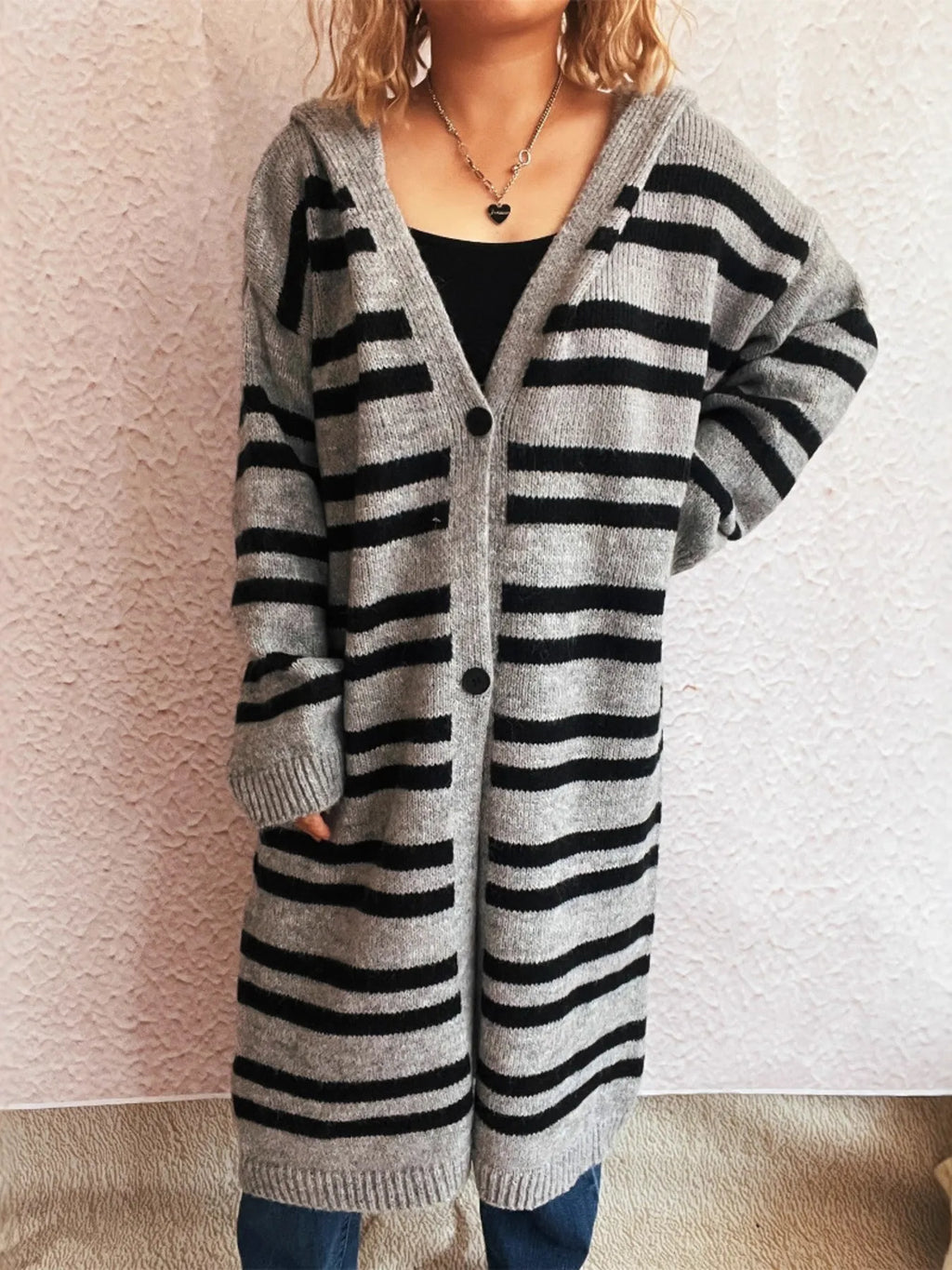 Striped Open Front Hooded Cardigan