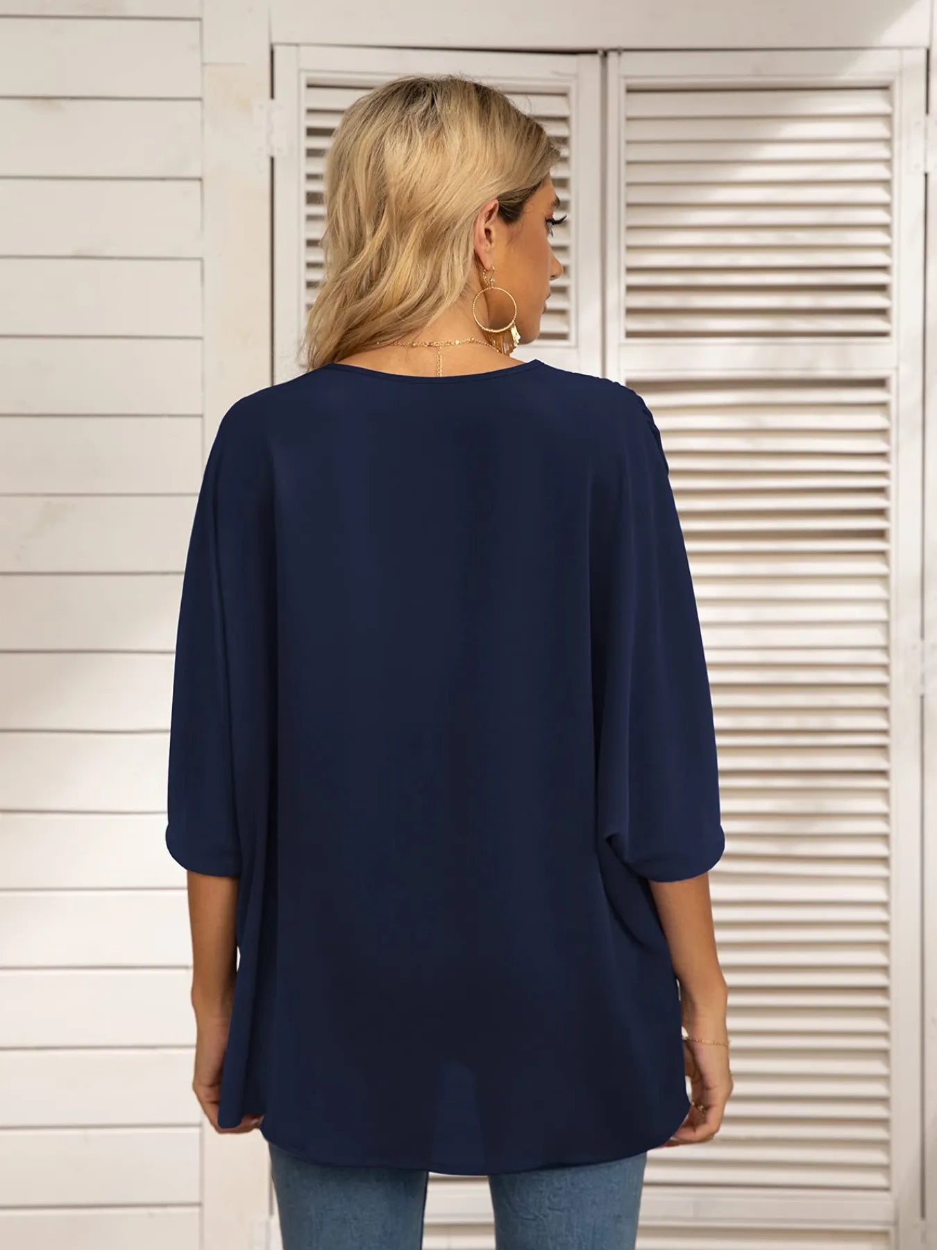 Printed Trim V-Neck Batwing Sleeve Blouse