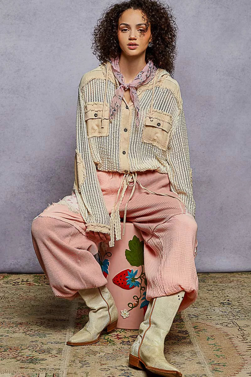 POL Texture Woven Button Down Hooded Shirt with Drawstring Hem