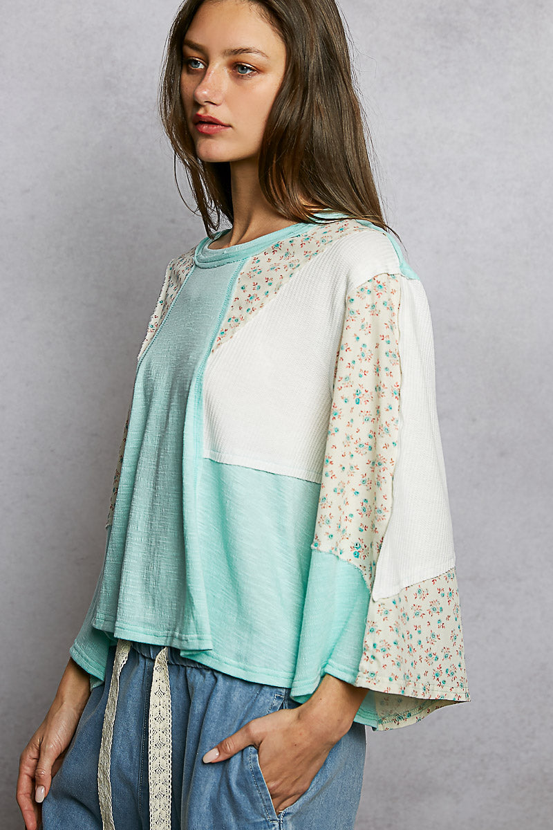POL Exposed Seam Floral Patchwork Round Neck Textured Slub Knit Top