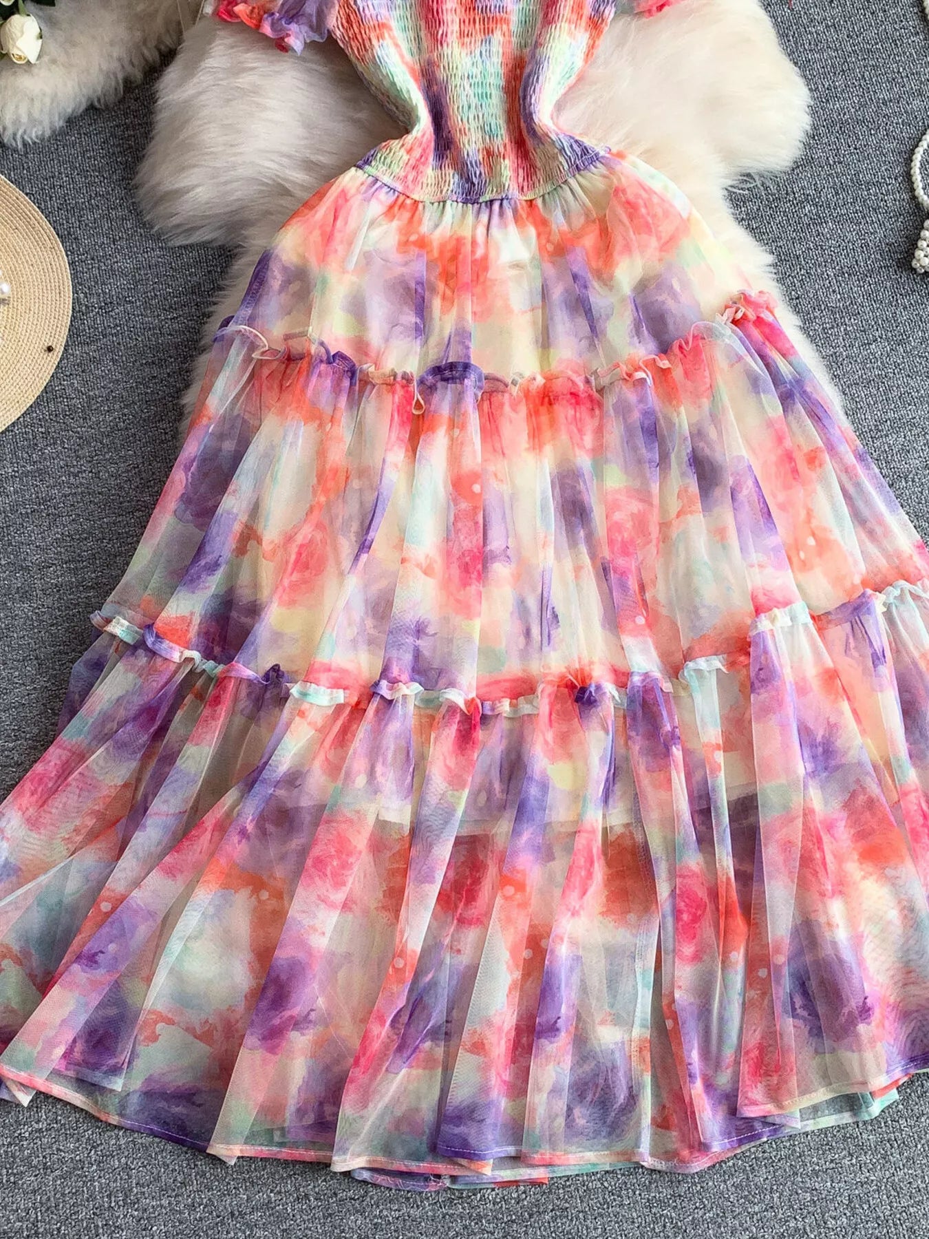 Smocked Floral Tiered Mesh Midi Dress