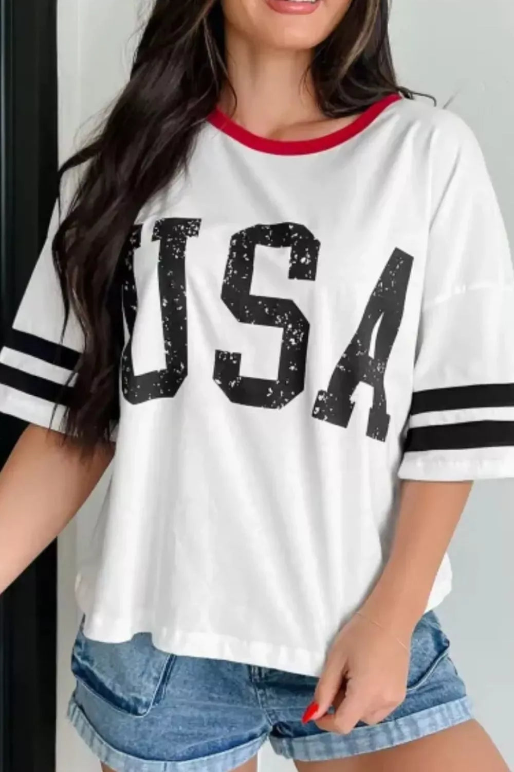 USA Letter Printed Varsity Striped Sleeve Round Neck Tee