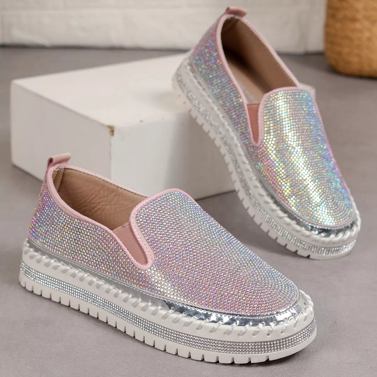 Rhinestone Round Toe Platform Loafers