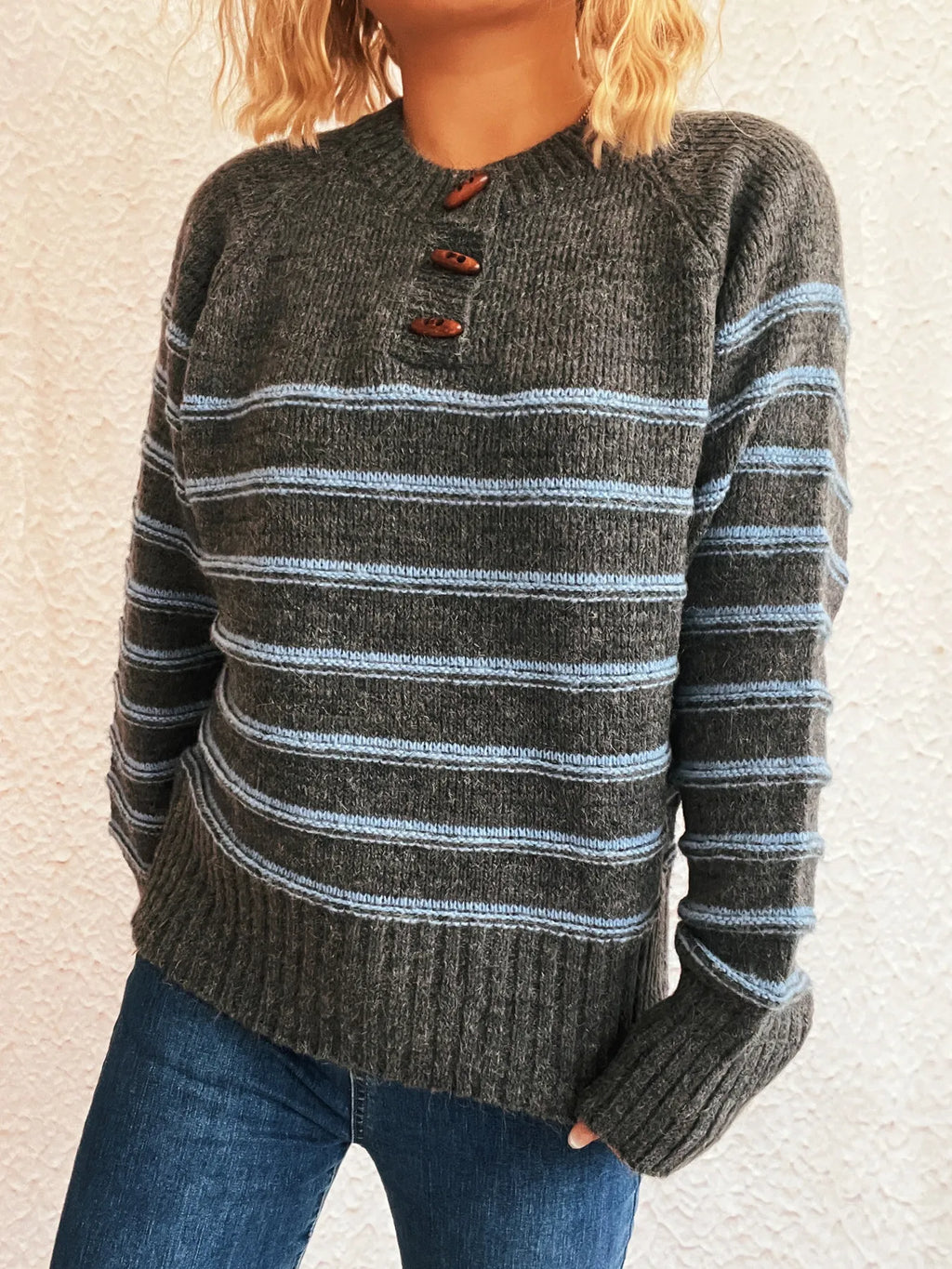 Striped Button Detail Long Sleeve Sweater