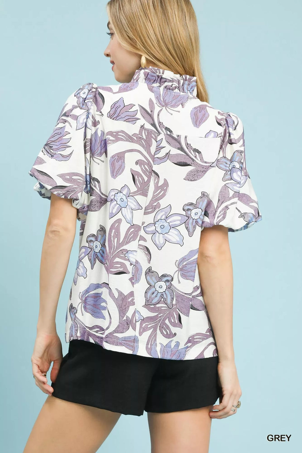 Umgee Lush Blossom Print Puff Sleeve Top with Ruffle Trim Detail