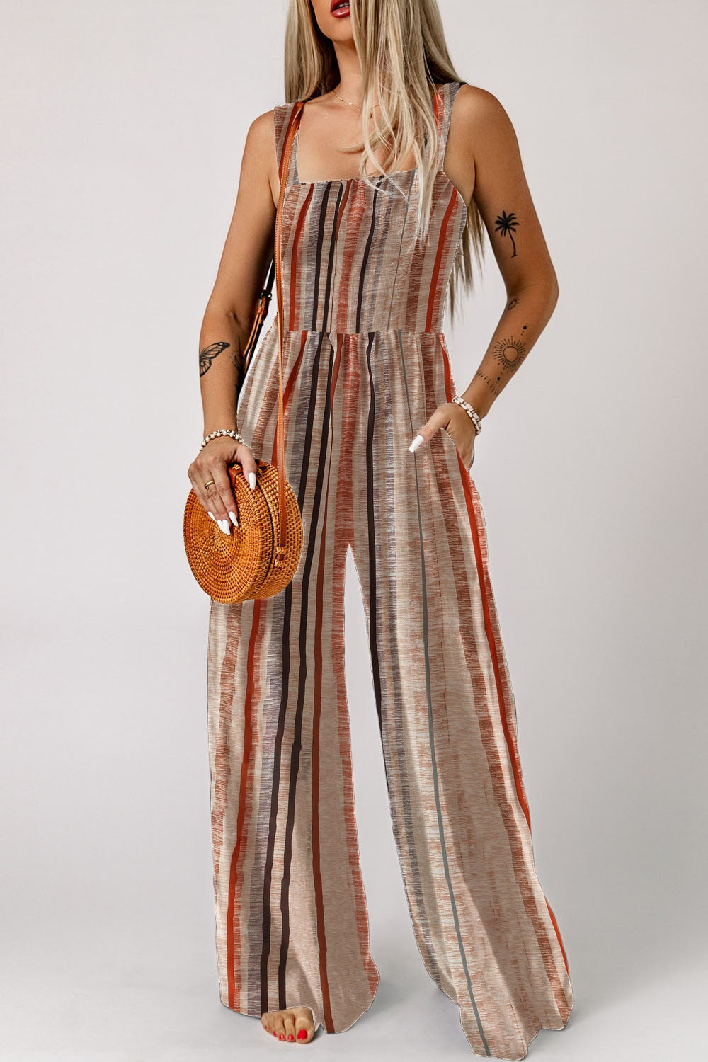 Stripe Square Neck Sleeveless Smocked Bodice Wide Leg Jumpsuit