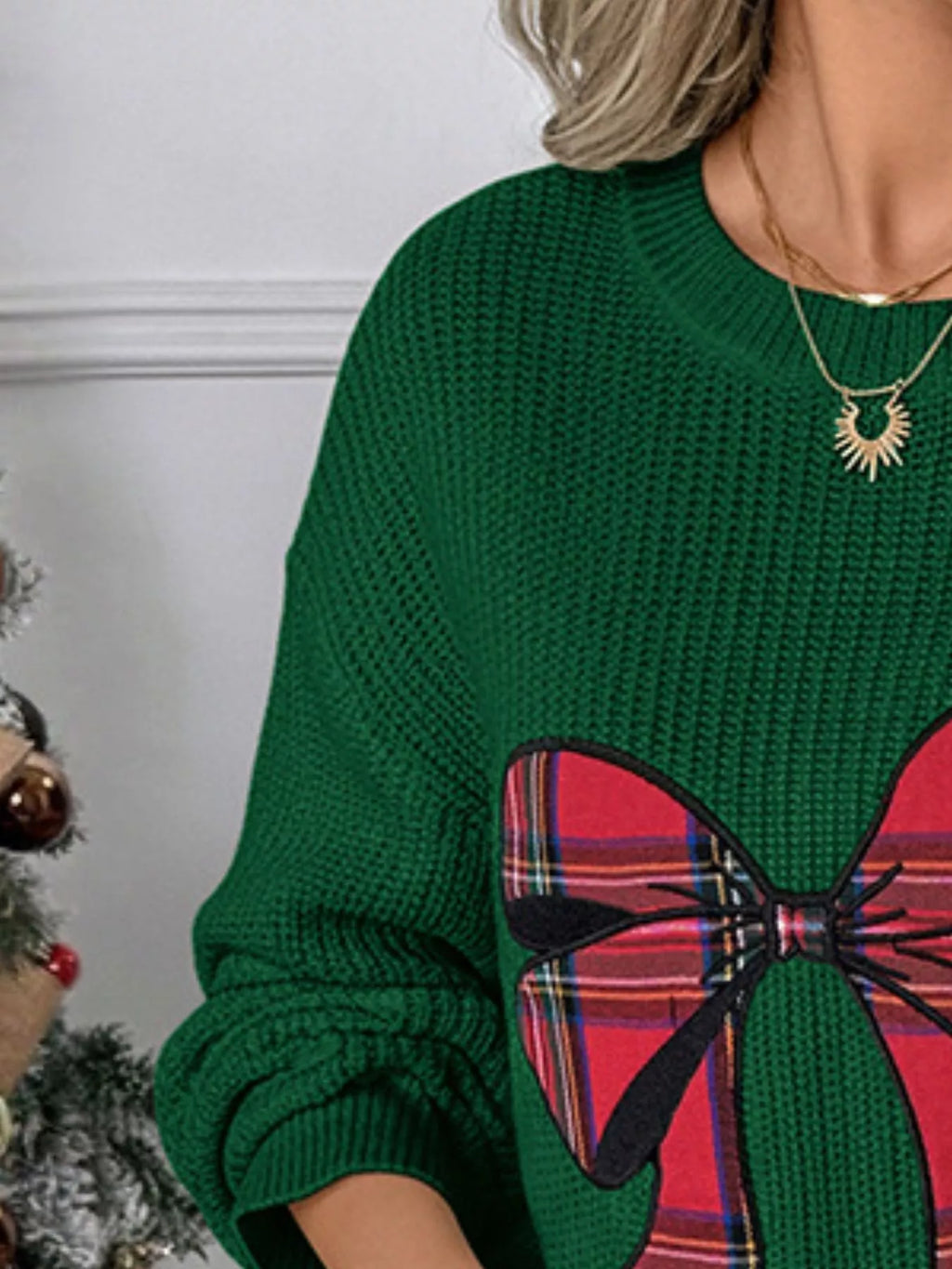 Plaid Bow Round Neck Christmas Sweater