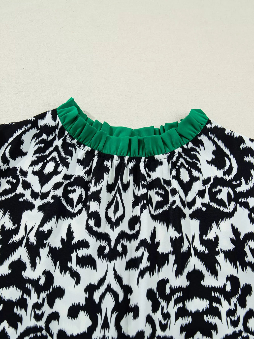 Damask Print Ruffled Color Block Detail Half Sleeve Blouse