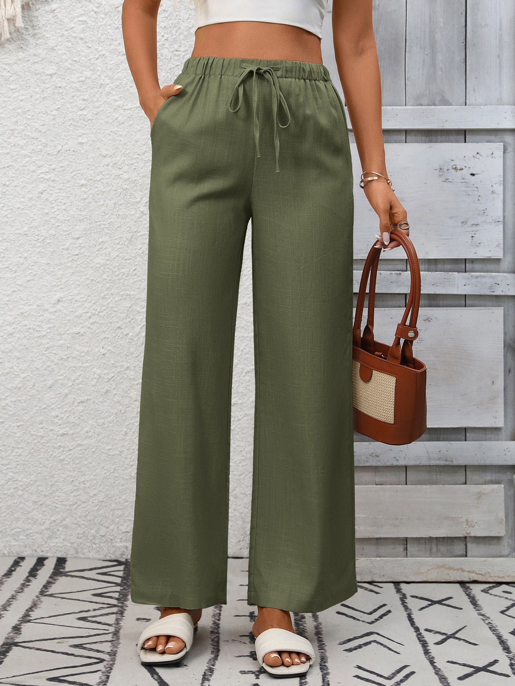 Drawstring High Waist Wide Leg Pants