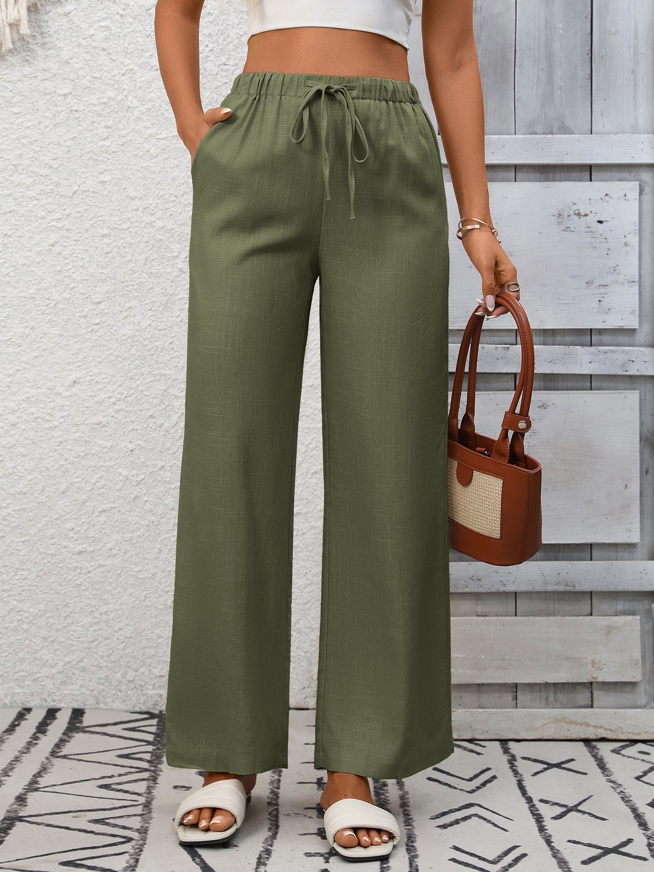 Drawstring High Waist Wide Leg Pants