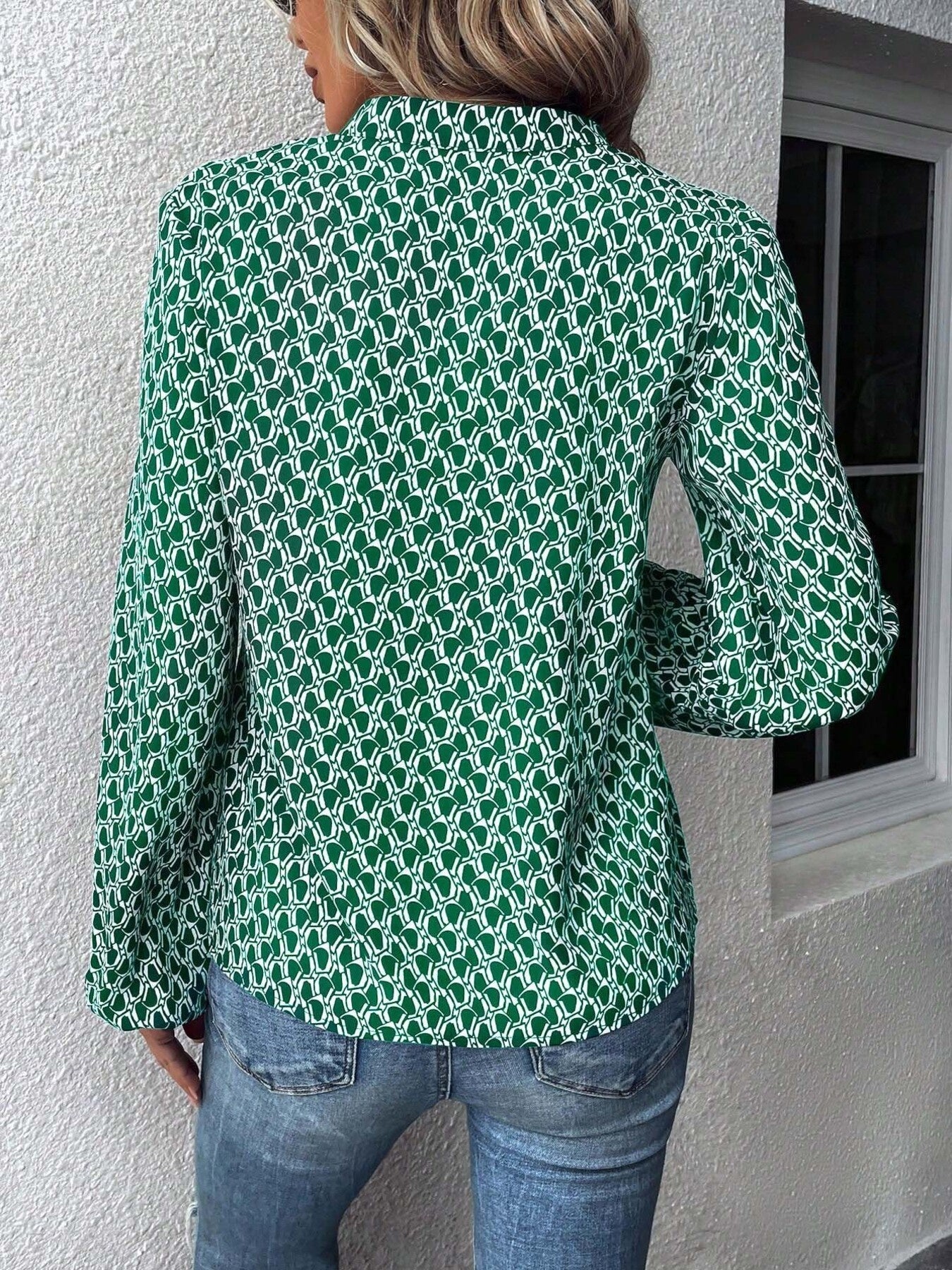 Printed Notched Balloon Sleeve Blouse