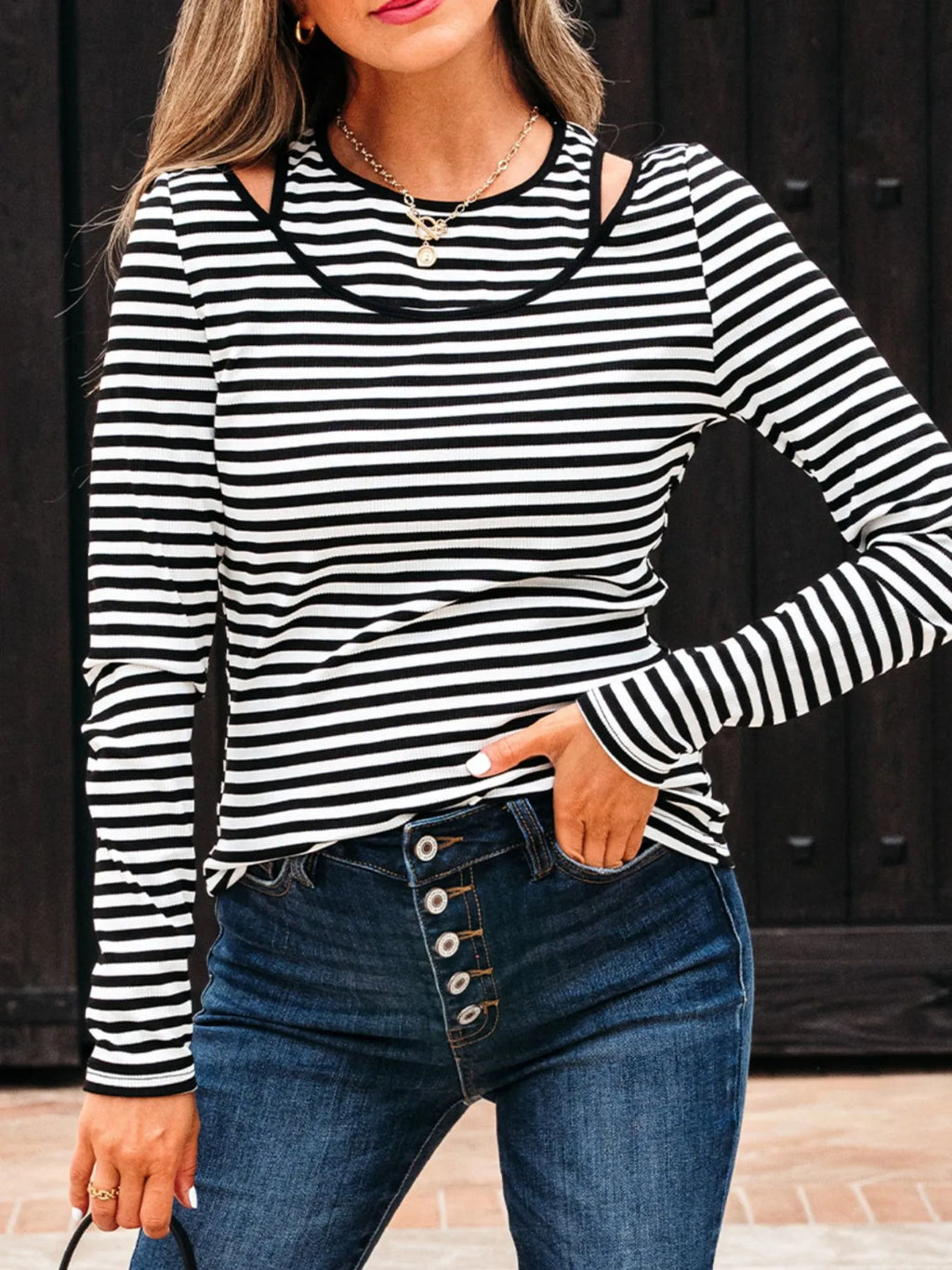 Stripe Double-layer Cold Shoulder Long Sleeve Top