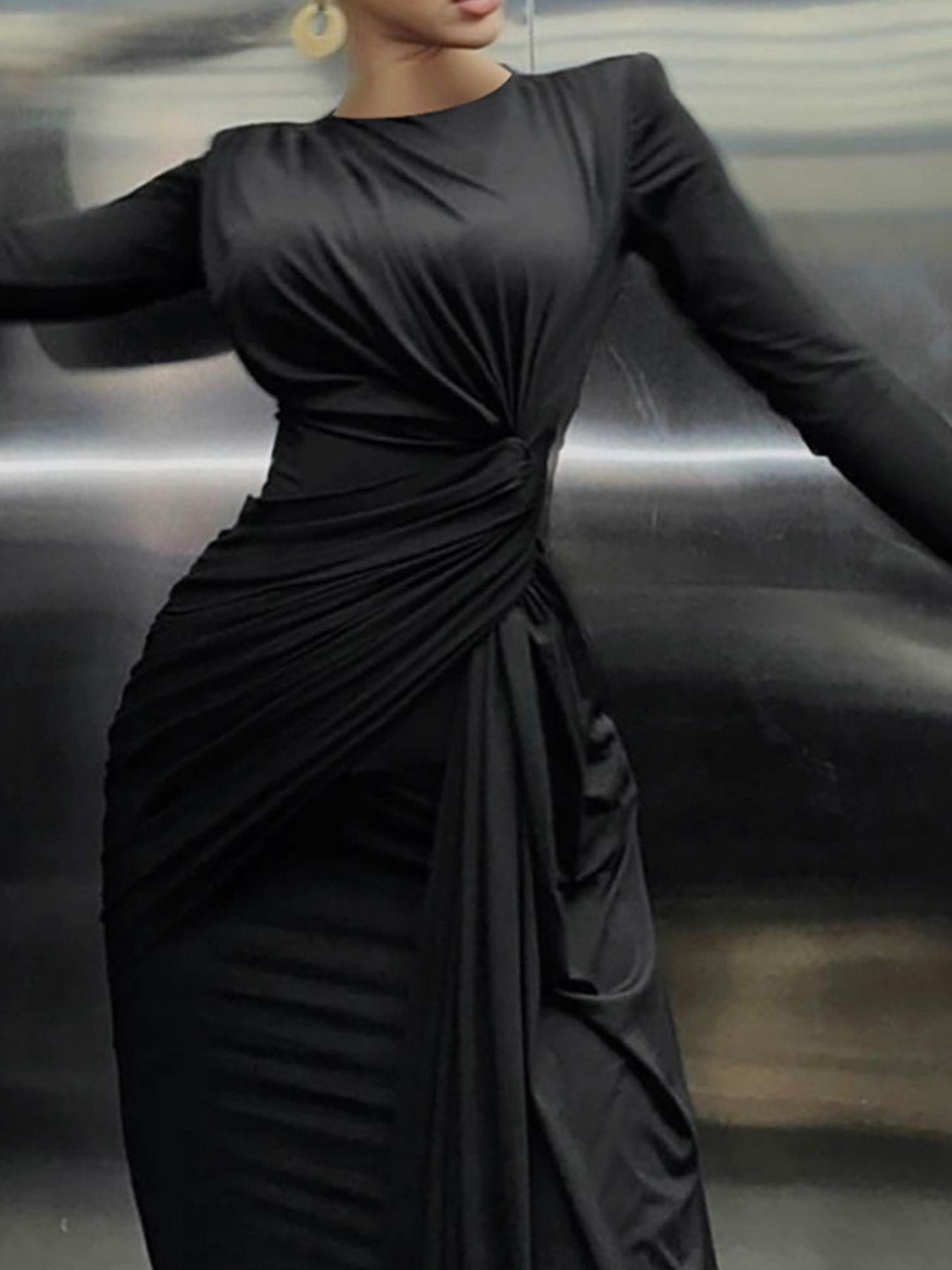 Ruched Knot Front Long Sleeve Maxi Dress