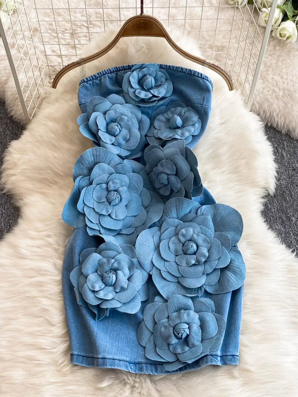 Floral Applique Strapless Denim Dress