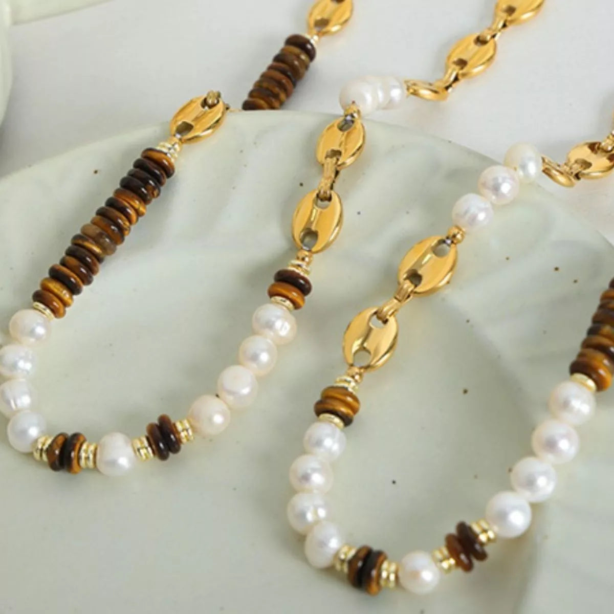 Tiger's Eye Freshwater Pearl 18K Gold-Plated Bead Necklace