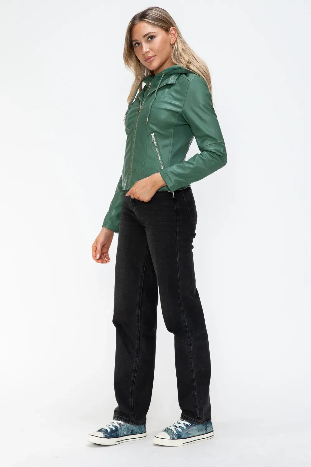 Snobbish Faux Leather Zip Up Drawstring Hooded Jacket