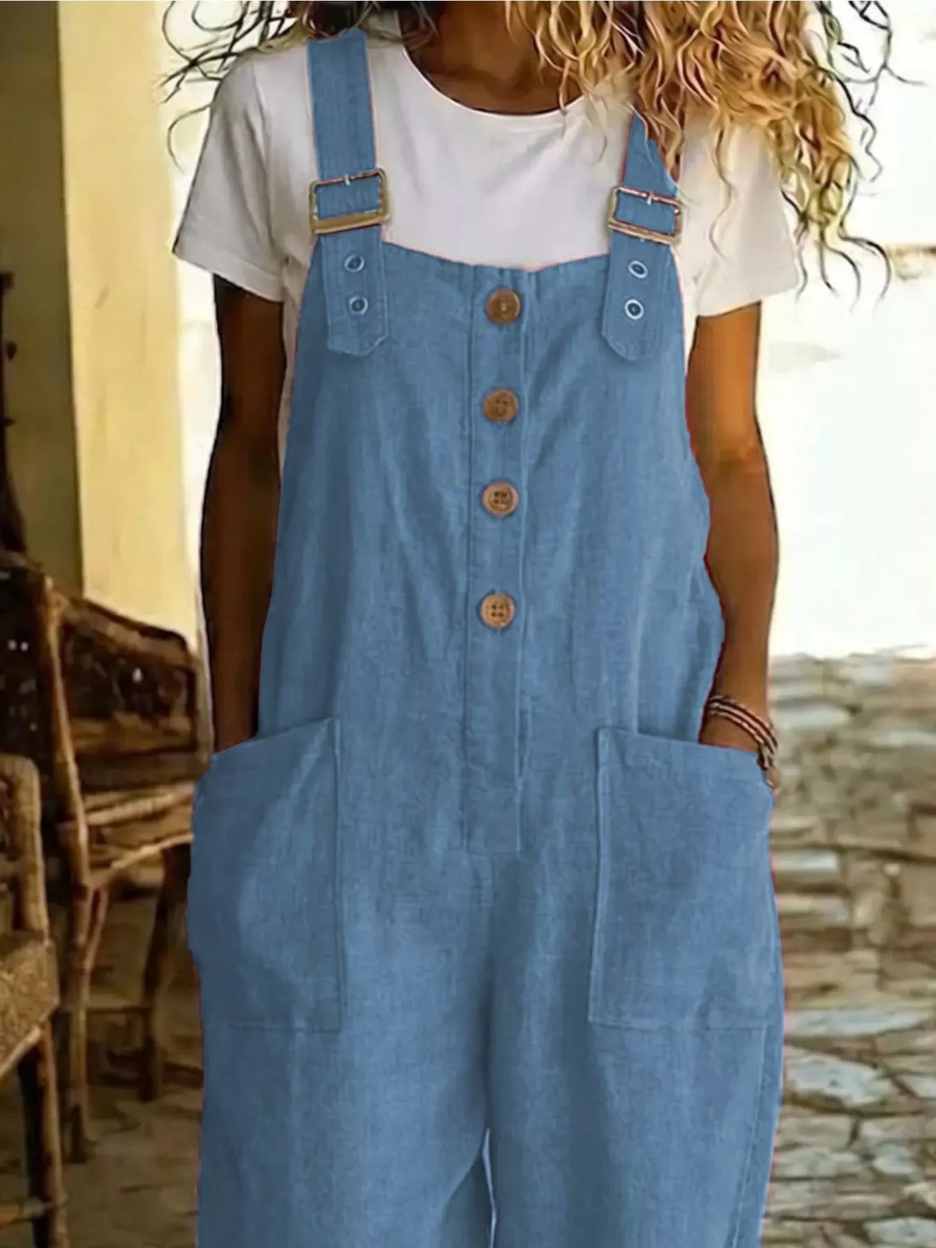 Casual Button Front Wide Leg Overalls