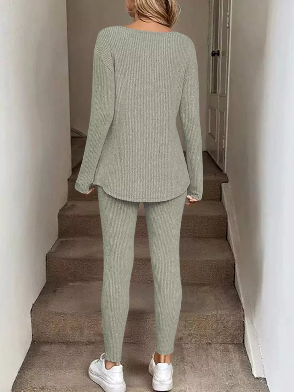 Ribbed Knit Long Sleeve Top and Pants Set