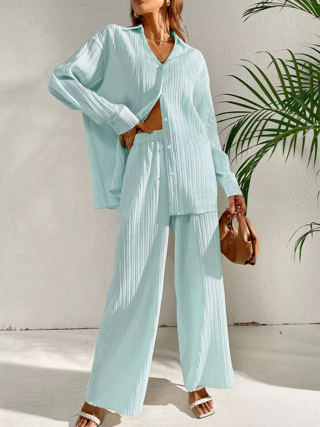 Long Sleeve Shirt & Wide Leg Pants Set