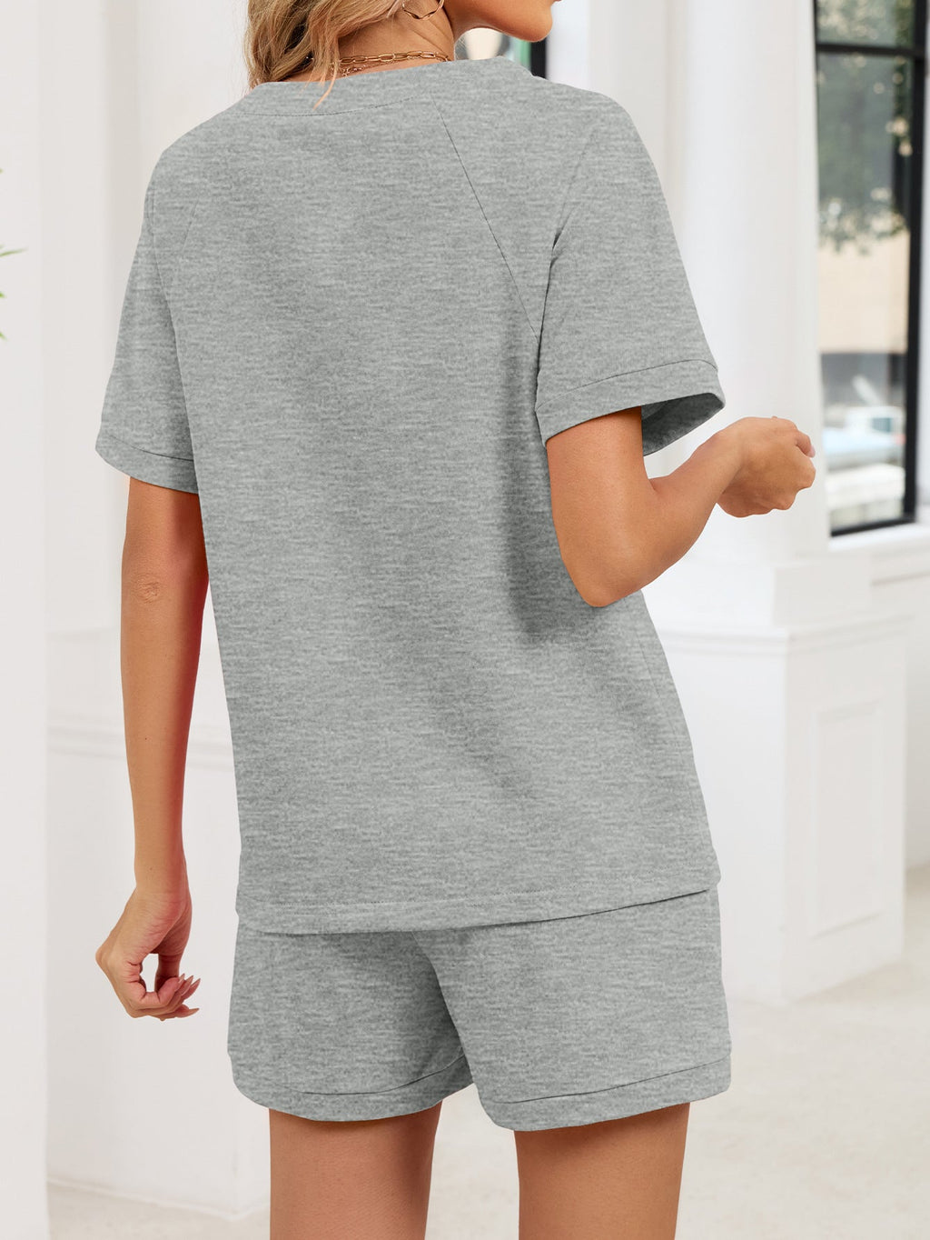 Notched Short Sleeve Top and Shorts Set