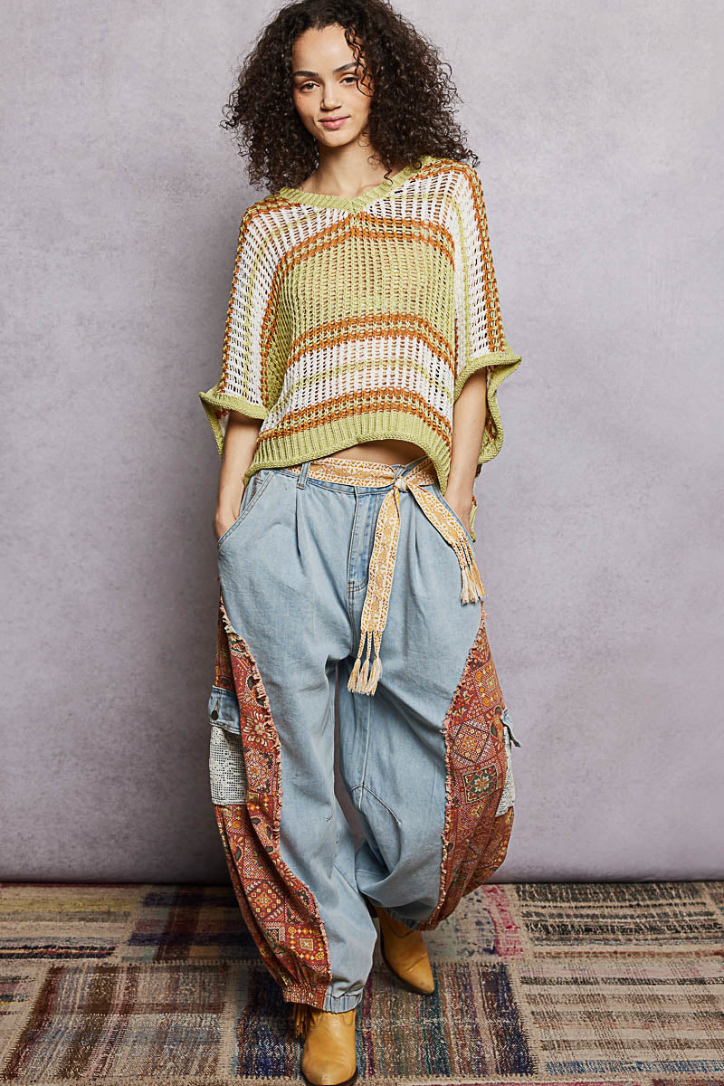 POL Openwork Lightweight Striped V-Neck Knit Top