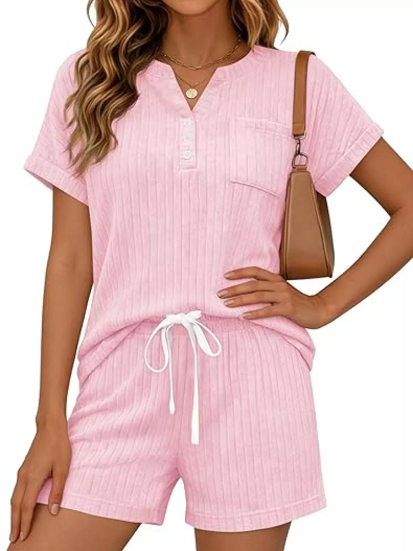 Casual Ribbed Knit Tee and Shorts Set