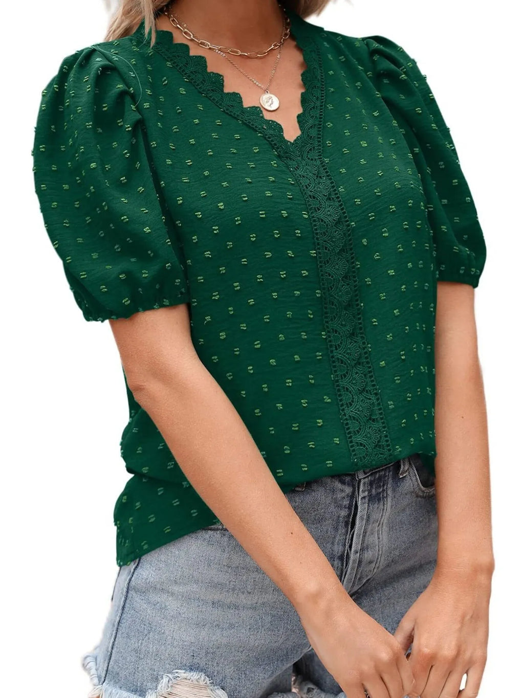 Puff Sleeve Swiss Dot Lace Trim Blouse