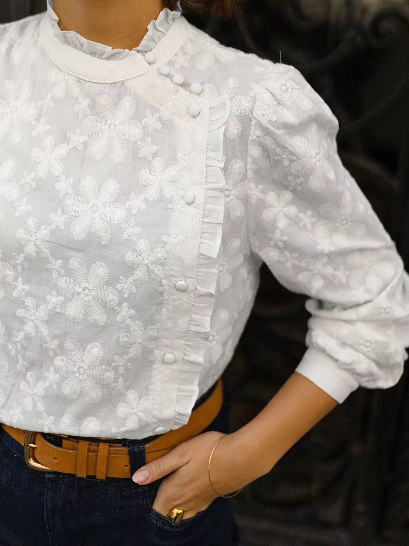 Floral Embroidered Ruffle Trim Blouse