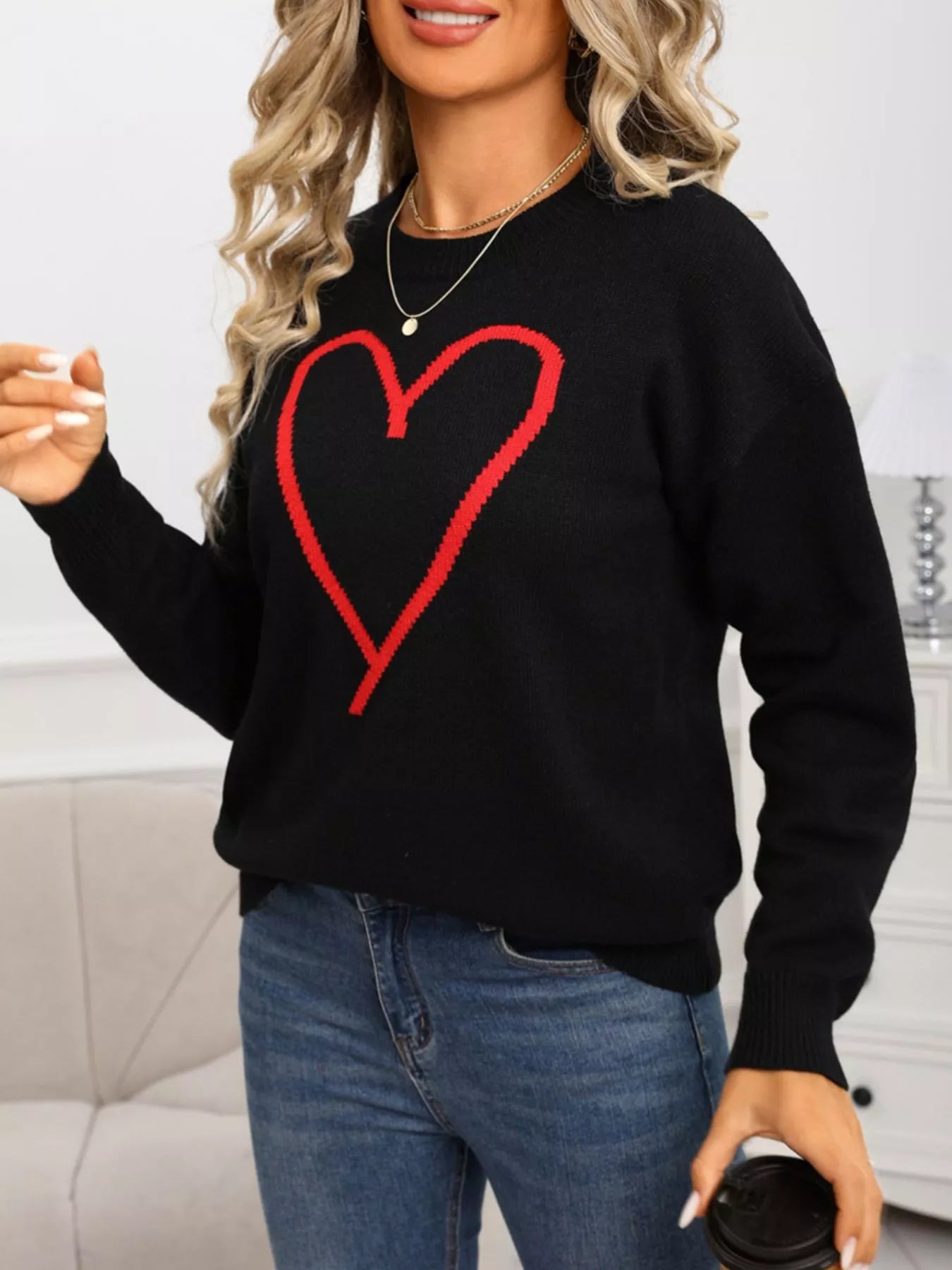 Valentine's Day Heart Graphic Dropped Shoulder Sweater