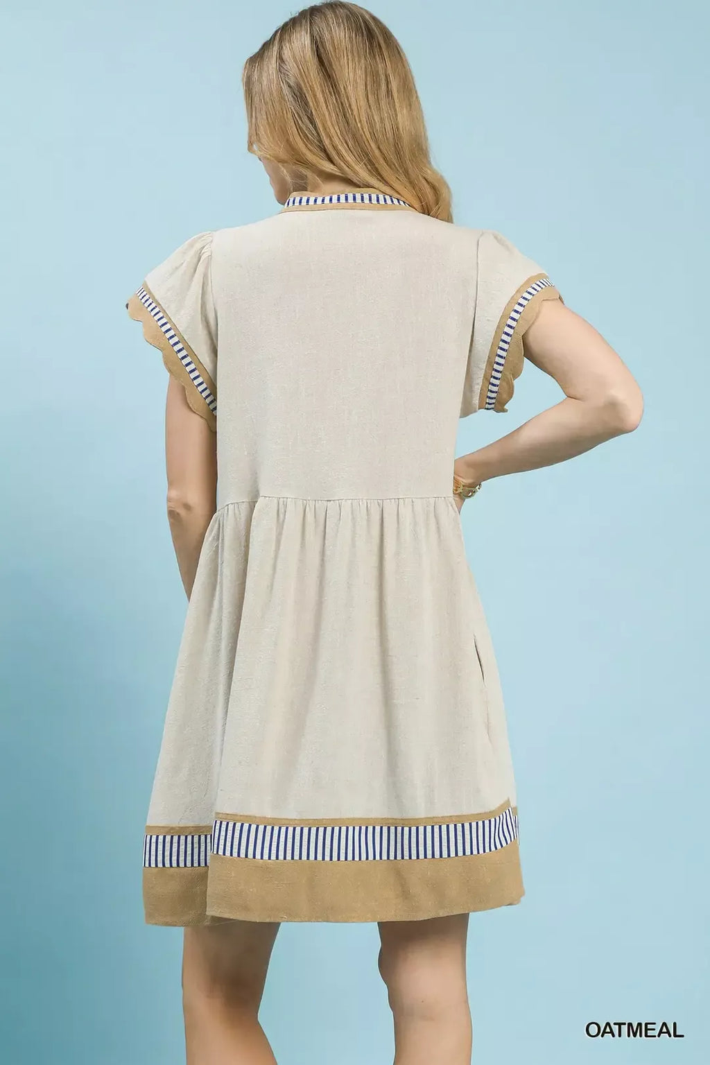 Umgee Linen Color Block Flutter Sleeve Dress