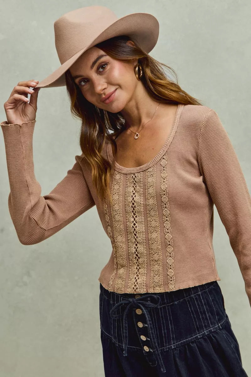 SO ME Vintage Washed Lace Crop Thermal Washed Knit Top