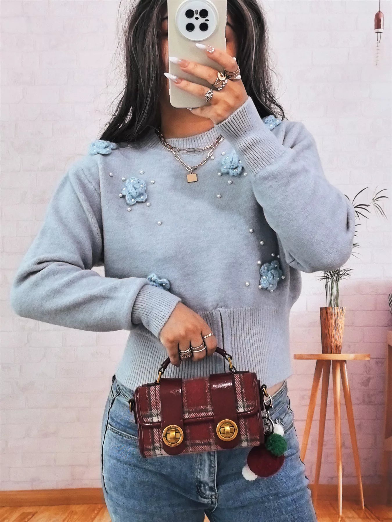 Flower Pearl Detail Ribbed Hem Sweater