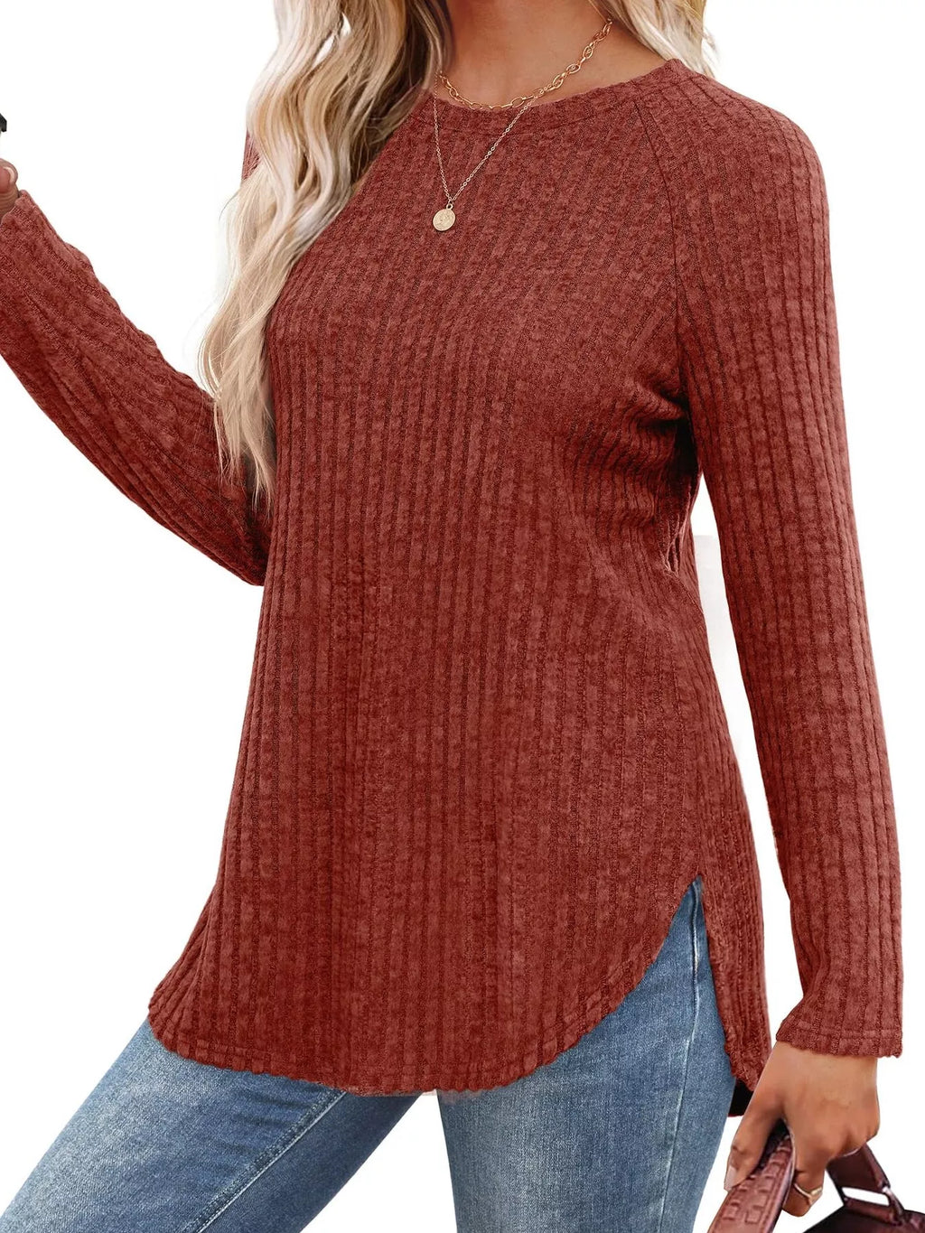 Ribbed Knit Long Sleeve T-Shirt